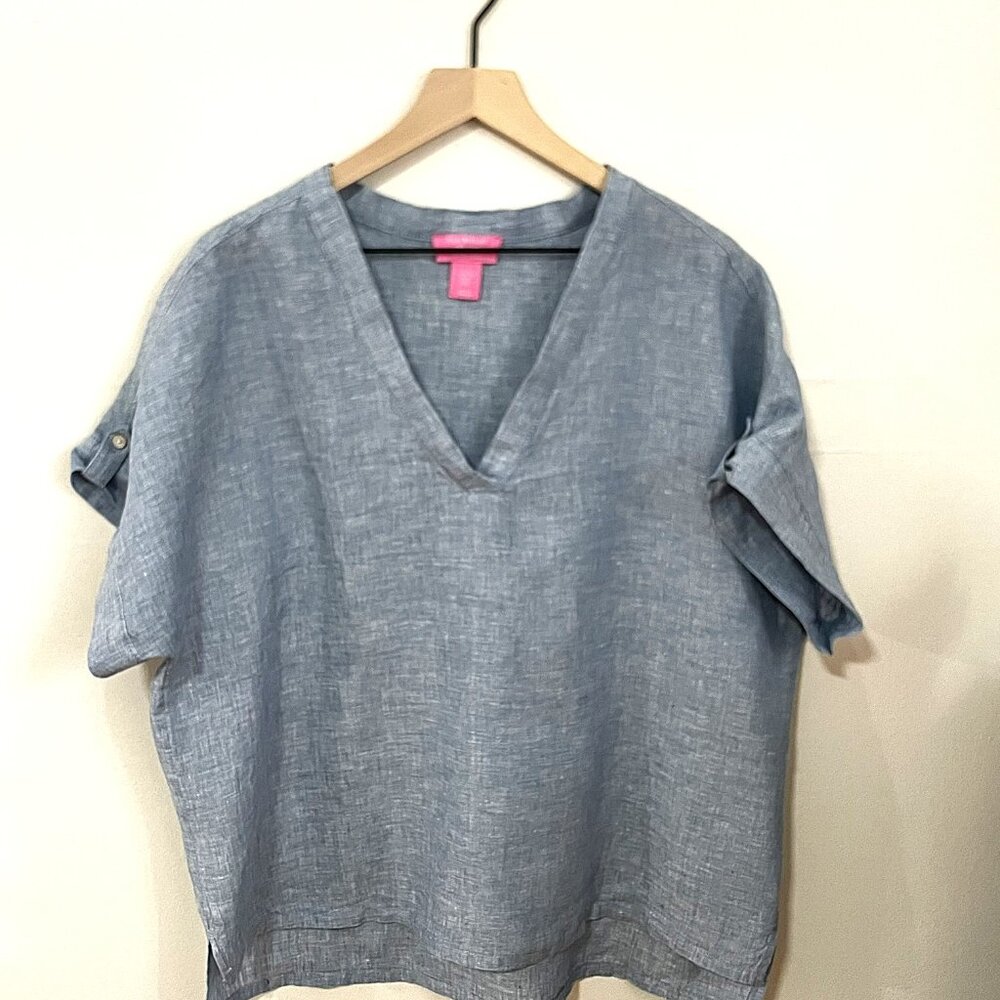 Isaac Mizrahi 100% Linen Tunic Top XL Gray Roll Tab Sleeve - Picture 5 of 7